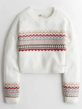 Hollister Nordic Fair Isle Crewneck Sweater with Red and Tan Design